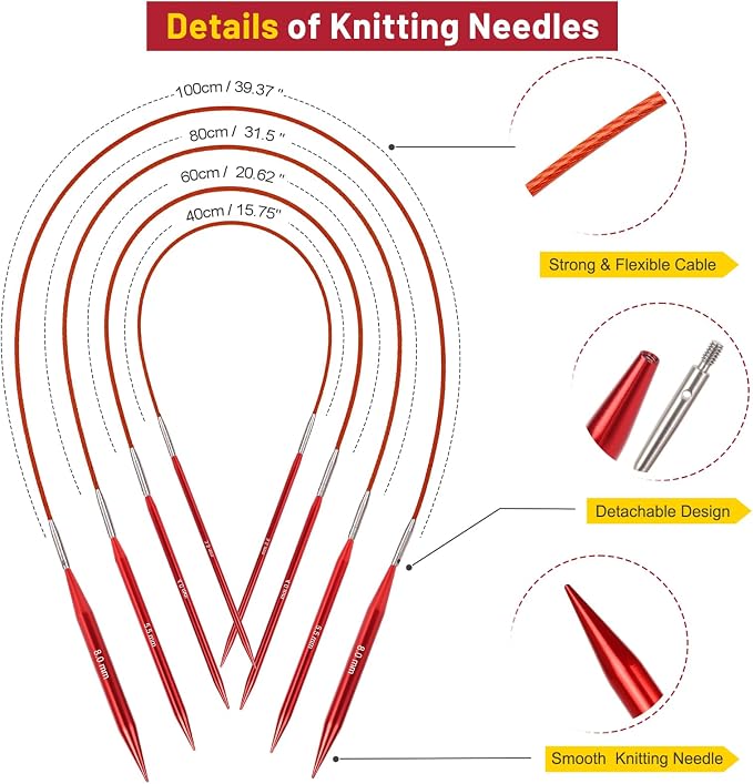 Aeelike 13 Pairs Interchangeable Knitting Needles Set 3-10.0mm, Cherry Red | Aluminum Interchangeable Knitting Needles with 4 Cables, Smooth Complete Needles Set for Socks Blankets Sweaters, Ideal Gift