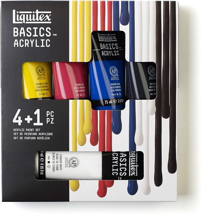 Liquitex BASICS Acrylic Paint Set, 4 x 75ml, 1 x 118ml Essentials | Medium Viscosity, Satin Finish, Lightfast, Fine Art Pigments, Range of Opacities, Easy Blending