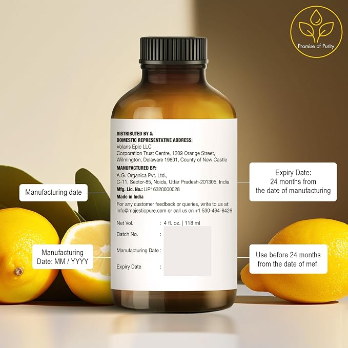 Majestic Pure Lemon Essential Oil for Diffuser - 4 Fl Oz | 100% Pure & Natural Essential Oils Ideal for Aromatherapy, Massage, Soap and Candle Making, Massage, Lemon Oil