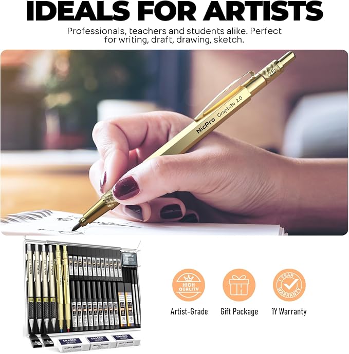 Nicpro 37PCS Gold Art Mechanical Pencil Set, 0.3/0.5/0.7/0.9/2mm Point | 360 Lead Refills(6B 4B 2B HB 2H 4H) 4 Erasers+18 Eraser Refills, Full Metal, School Supplies for Sketching Drawing Drafting