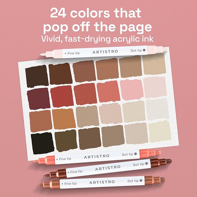 ARTISTRO Skin Tones Dual-Tip Acrylic Paint Marker Pens - Set of 24 | For Fabric, Rock, Glass, Wood, & Coloring Books, Arts & Crafts Gift, Classroom Must Haves & School Supplies (Dot & Fine Tips)