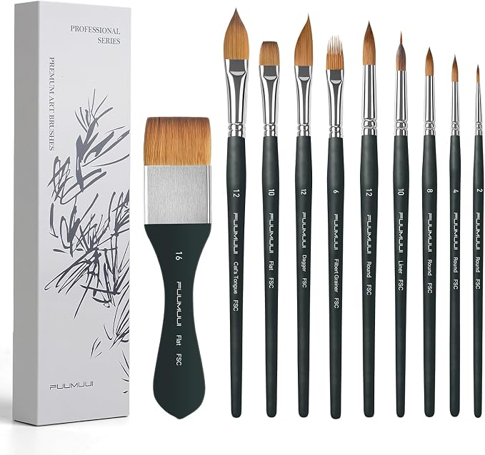 Fuumuui Watercolor Brush Set, 10Pcs Professional Soft Synthetic Hair Paint Brushes - Wide Flat, Dagger, Cat's Tongue, Extended Needle, Round, Grainer for Watercolor Gouache Inks Painting
