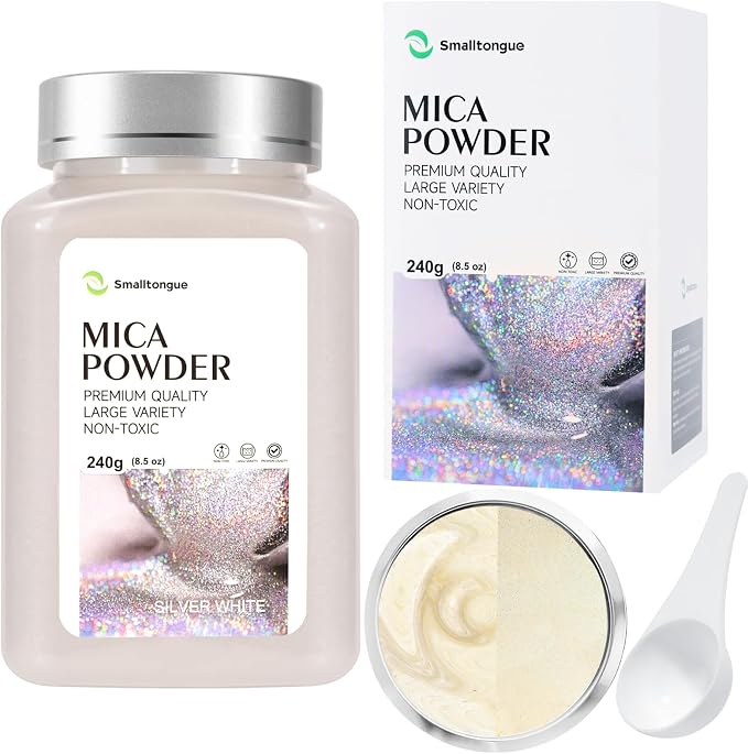 Mica Powder, Silver White, 240g with Scoop, Complies with ASTM D-4236 | For Epoxy Resin, Soap, Bath Bomb, Candle| Safety Material| Odorless| Brilliant Colors