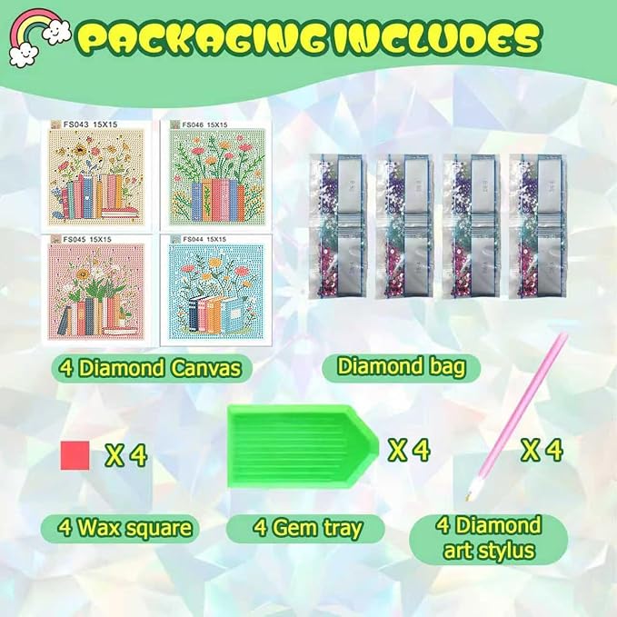 ICYANART 4 Pack Diamond Art Painting Kits for Kids Ages 6-8-12 6x6Inch | Small Diamond Art for Kids, Book Gem Art Kit for Kids, Easy Arts and Crafts for Kids Ages 8-12 (no Frame)