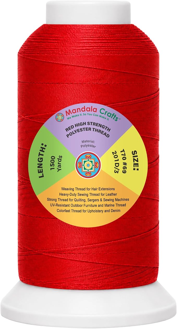Mandala Crafts Red Tex 70 Polyester Heavy Duty Thread for Upholstery | 1500 Yds T70 UV Resistant Strong Thread for Leather Sewing, Marine, Drapery, Jeans, Hair Weaving & Extension, Outdoor