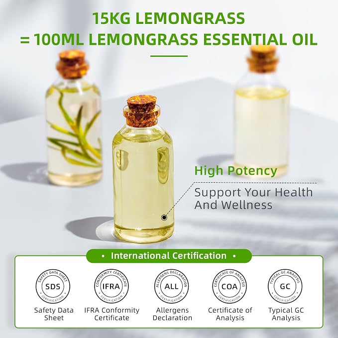 HIQILI Lemongrass Essential Oil for DIY Spray, Body Oil, Soap