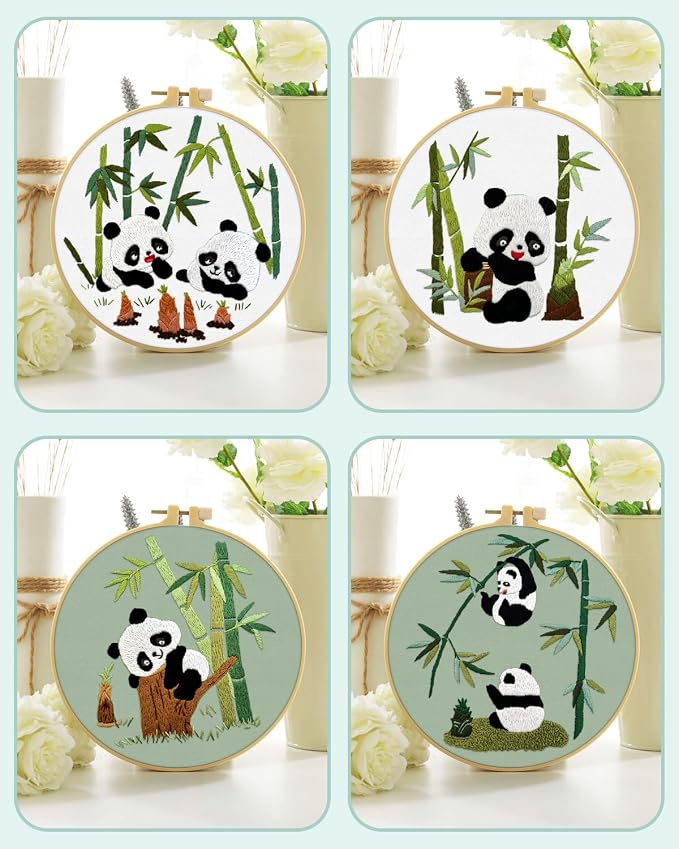 ERKOON 4 Sets Embroidery Kit for Beginners, Animal Cross Stitch Set for Adult Include Embroidery Cloth Hoops Threads for Craft Lover Hand Stitch (Panda)