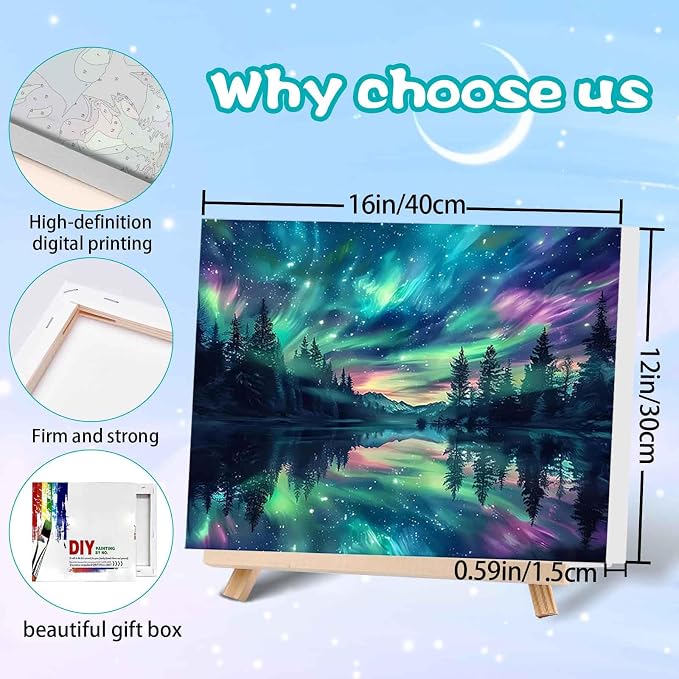 Hutarosl Aurora Paint by Numbers with Frame for Adults - with Wooden Easel,Adult Paint by Number,Aurora Canvas Paint by Numbers for Adults,Gifts and Home Decor 12x16inch