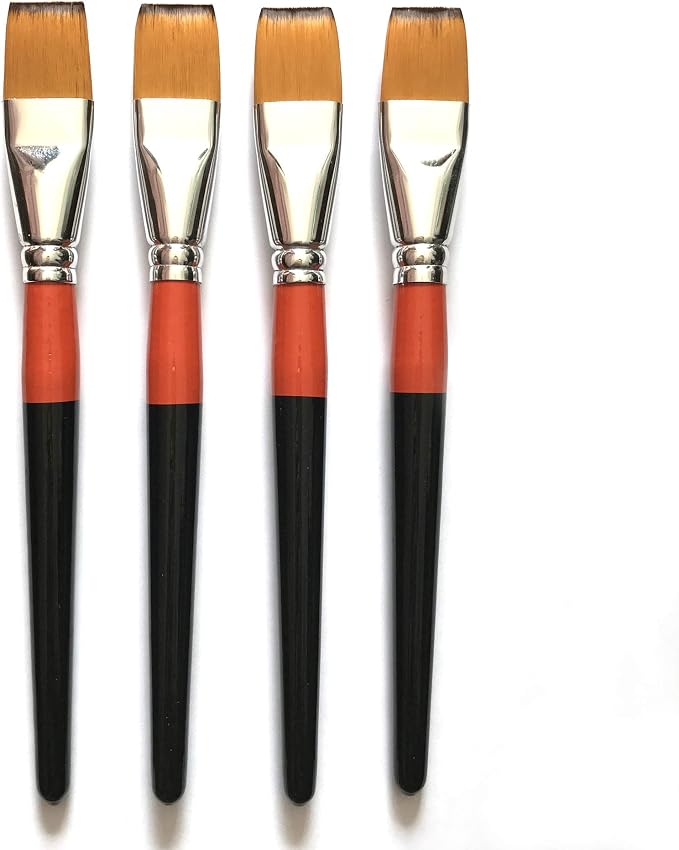 One Inch Flat Bright Paint Brush Set of 4, Premium Taklon Synthetic Hair | No Shedding Bristles for Acrylic Watercolor Oil Gouache Tempera Enamel Ink Painting for Students, Professionals & Artists