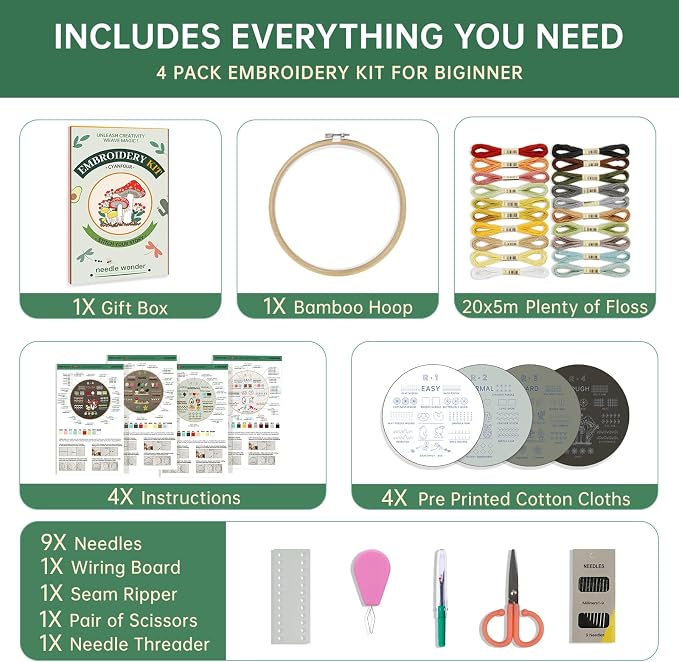 CYANFOUR Embroidery Kit for Beginners with Step-By-Step Guidance & Videos | 4 Stages to Learn 38 Stitches, Includes Multiple Accessories, Gift for Craft Lovers