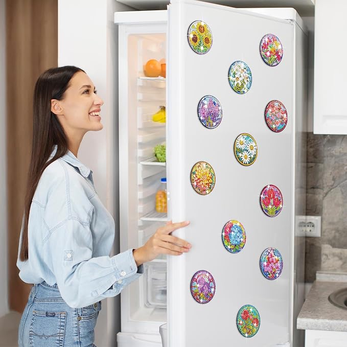 Zonon 12 Pcs Diamond Art Magnets for Refrigerator, Floral Diamond Painting | Pre-made Flower Designs for Fridge Decor, Colorful Floral Craft Kits for Adults, Strong Magnetic Stickers for Home