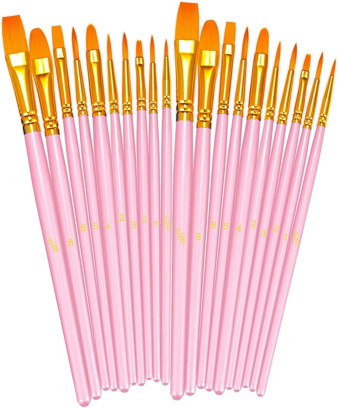 BOSOBO Paint Brushes Set, 20 Pcs Small Paint Brush Kit Round Flat Tip Nylon Hair, for Acrylic Painting, Watercolor, Oil Painting, Kids Face Nail Art Canvas Rock Craft, Art Supplies, Pink