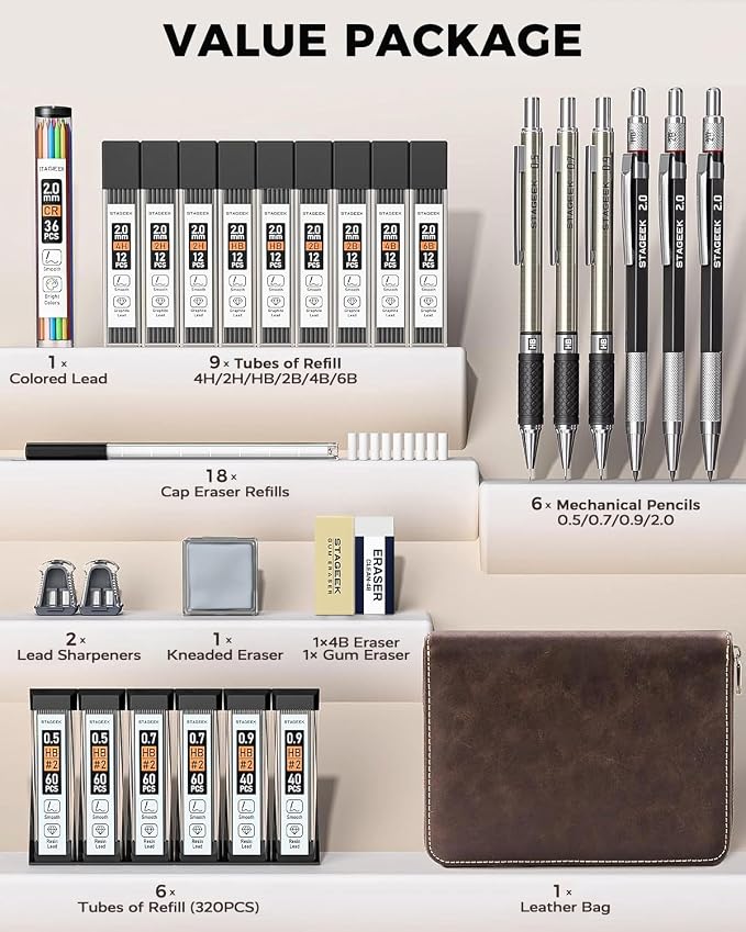 STAGEEK 30PCS Mechanical Pencil Set with Leather Bag, 0.5, 0.7, 0.9 ＆ 2mm | Drawing Pencils with 464PCS Lead Refills (6B 4B 2B HB 2H 4H Color), Erasers, Sharpeners, Artist Pencil for Sketching Drafting