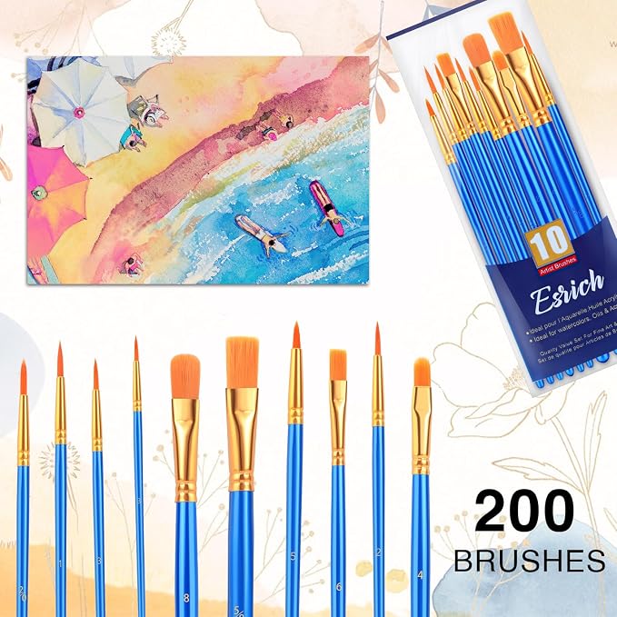 ESRICH 200PCS Paint Brushes, Paint Brush for Acrylic Painting | Artist Paintbrushes for Oil Watercolor, Body Face Rock Canvas, Small Paint Brushes for Kids