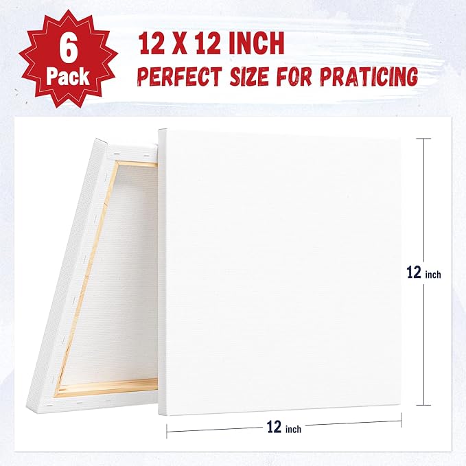 12x12 Canvas for Painting, 6 Pack Primed Stretched Canvases for Art