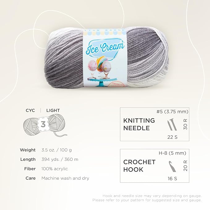 Lion Brand Yarn (1 Skein) Ice Cream Baby Yarn, Cookies & Cream Baby