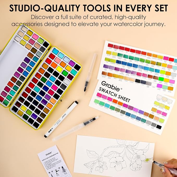 Grabie Set of 100 Color Premium Watercolor Paint Set with Brush Pens | Brush Pens And Paper Pad Included, Waterproof Fineliner, Portable Art Kit, High Pigment Paints, Smooth Color Blending