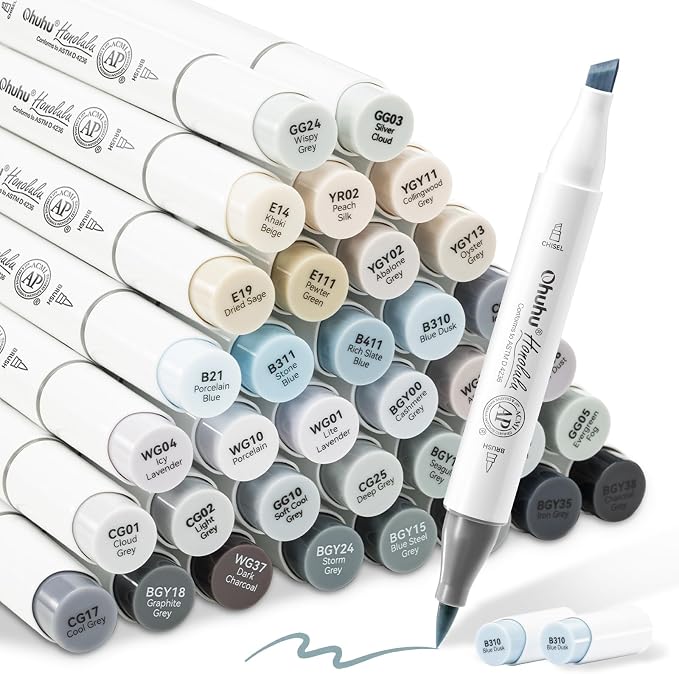Ohuhu Alcohol Markers Brush Tip Grey-tone-Dual Tips Alcohol Based Art Marker Set for Artist Adults' Coloring Illustration Shading-36 Grayscale Colors w/ 1 Blender-Fine&Brush-Honolulu B (Chisel&Brush)