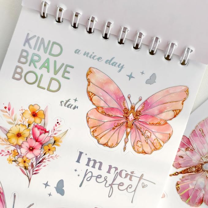 Flower and Butterfly Sticker Book, 30 Sheets 300+ Pcs, PET Material with Gold and Holographic Foil, for Planner Scrapbooking Journaling Card Making