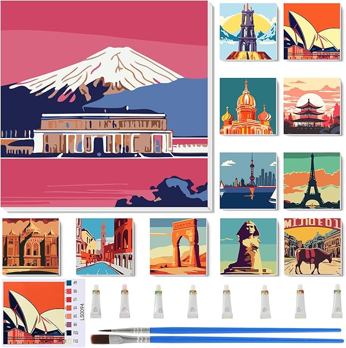 Nezyo 12 Sets Paint by Numbers for Adults with Frame, 8 X 8 Inch | DIY Acrylic Painting Canvas Kit, Ideal for Painting Party Classroom Activity, Beginner Friendly, Birthday Gift Ideas