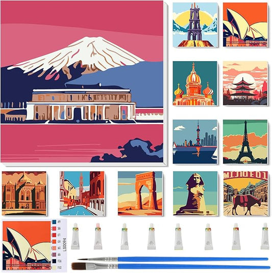 Nezyo 12 Sets Paint by Numbers for Adults with Frame, 8 X 8 Inch | DIY Acrylic Painting Canvas Kit, Ideal for Painting Party Classroom Activity, Beginner Friendly, Birthday Gift Ideas