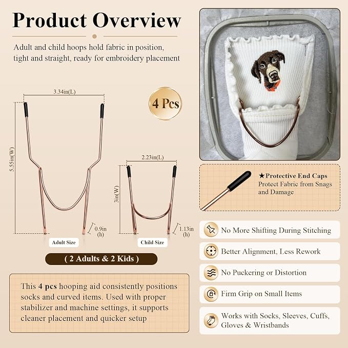 Sock Hoop for Embroidery Machines, 2 Adult & 2 Kids Metal Hooping Aid Set