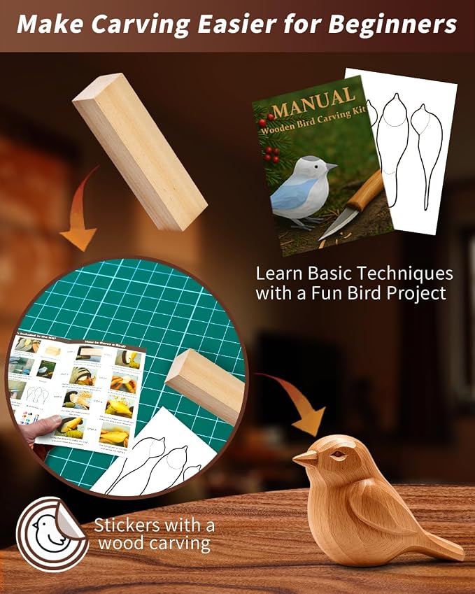 Wood Carving Hobby Kit for Adults & Teens, Beginner Whittling Craft Set | Comfort Bird Project, First-Time Practice, Step-by-Step Guide, Sharpening Tools, Finishing Supplies, Gift for Hobbyists