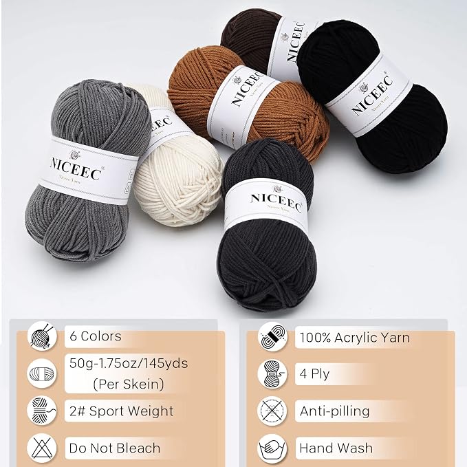 NICEEC 300g Soft Assorted Colors Yarn 100% Acrylic 870yds -Series 6