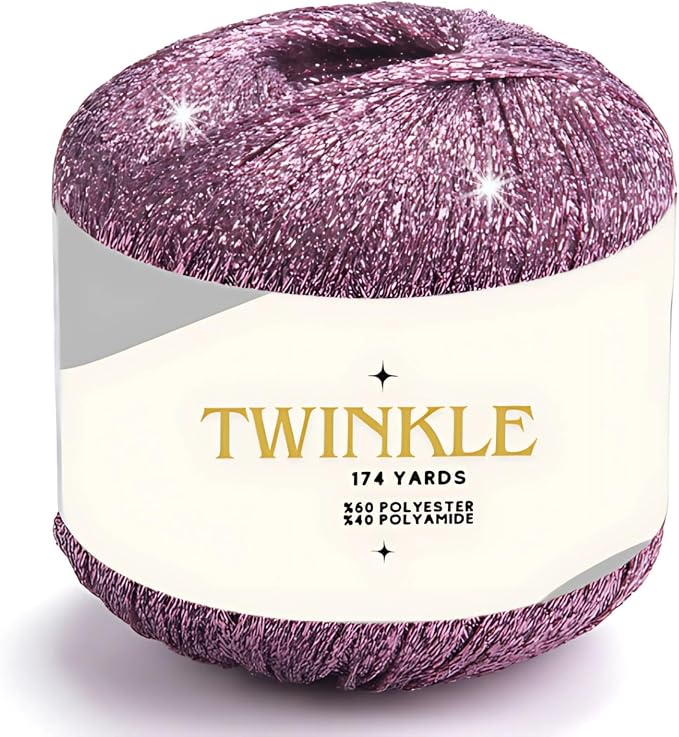 Twinkle Metallic Glitter Yarn Sparkle Fine 1 Light Fingering Weight Worsted Gold Silver for Crochet Knitting, 25g 0.88oz, 175yard Soft Craft Shawls Cardigans Bags Lurex (Mauve Breeze, Pack 1)
