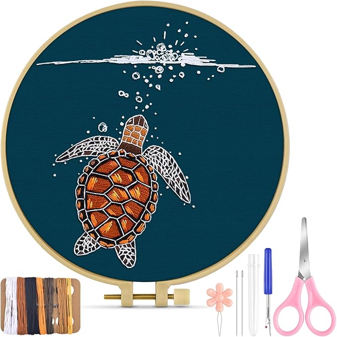 TINDTOP Embroidery Kit for Beginners Adult, Turtle Embroidery Practice Kit | Include Embroidery Cloth Hoops Threads for Craft Lover Hand Stitch with Embroidery Skill Techniques