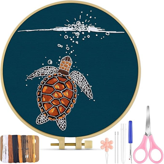 TINDTOP Embroidery Kit for Beginners Adult, Turtle Embroidery Practice Kit | Include Embroidery Cloth Hoops Threads for Craft Lover Hand Stitch with Embroidery Skill Techniques