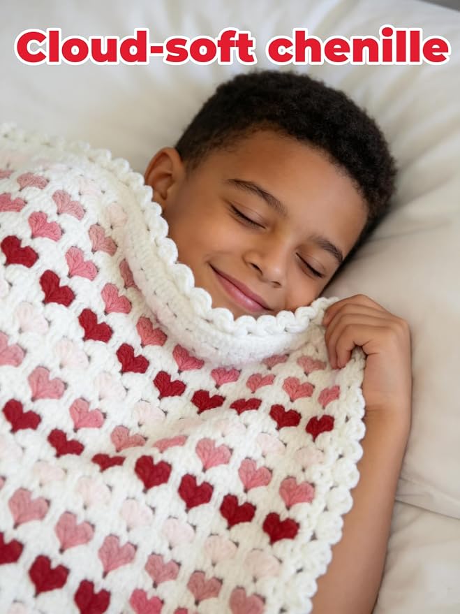 Arborthread Blanket Crochet Kit for Beginners, Crochet Heart Blanket Kit with Soft Chenille Yarns, Detailed Video & Instructions for Adults & Kids – Featuring a Heart Pattern & Edging, Pink