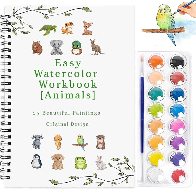 Watercolor Workbook,15 Animal Patterns of Original DIY Designs,16 Colors Watercolor Paint Set with Brush Palett,Beginner-Friendly Water Color Workbooks,Water Coloring Book for Adults