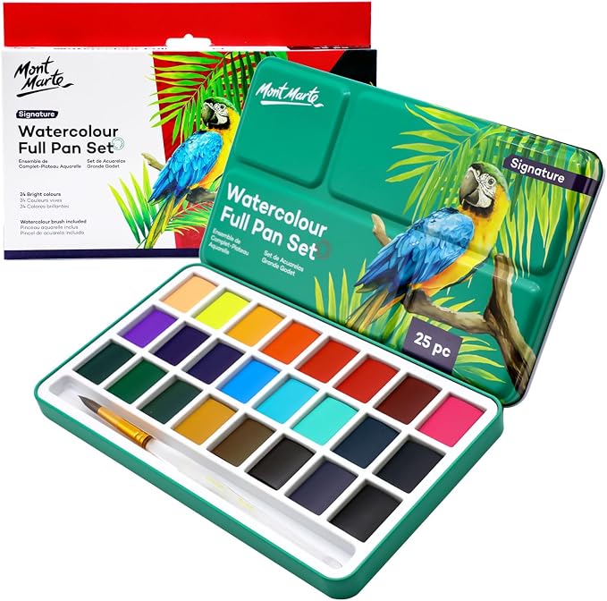 Mont Marte Watercolor Set Full Pan Signature in Tin, Vibrant 24 Colors, Multi-Color with Translucent Finish, Portable Watercolor Set