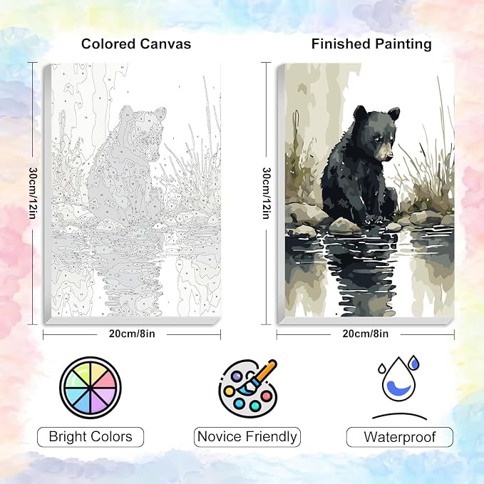 Yezavesu Framed Paint by Numbers Kit for Adults Beginner & Kids Ages 8-12, Bear Paint by Numbers with Frame, DIY Watercolor Number Painting for Adults Bear for Home Wall Decor Gift 8X 12 inch | With Frame Canvas 8x12 inch, DIY Acrylic Painting by Numbe...