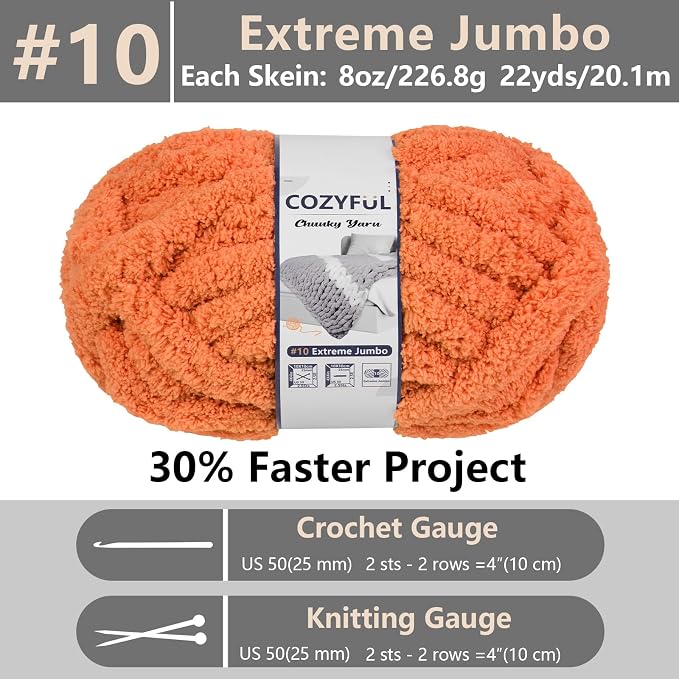 Cozyful Chunky Yarn for Hand Knitting - #10 Chunky Chenille Yarn, Jumbo Big Thick Chunky Yarns for Crocheting, Super Bulky Chunky Knit Blanket Yarns, 8 Skein (22 yds 8 oz Each Skein), Pumpkin Orange
