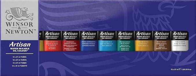 Winsor & Newton Artisan Water Mixable Oil Paint Set, 10 x 37ml Tubes | Clean with water; no solvents needed. Color depth, lightfastness, opacity/transparency are the same as traditional oils.