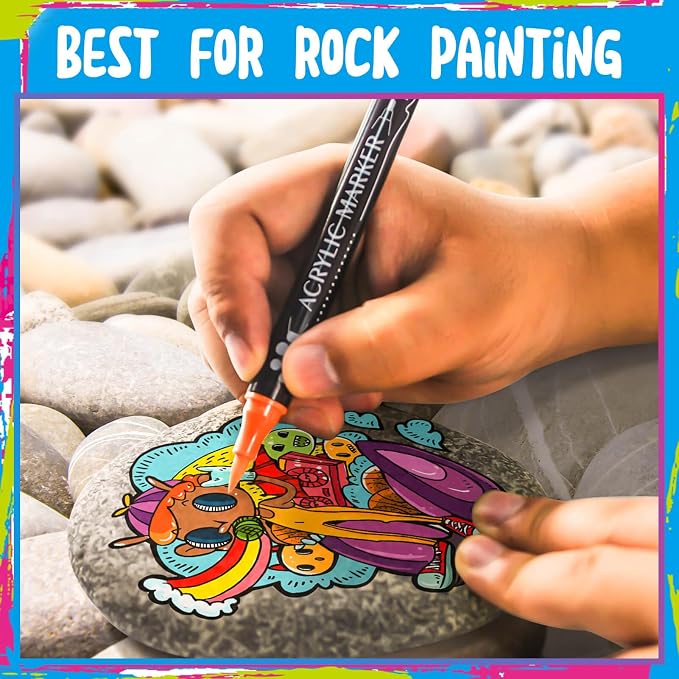 24 Colors Dual Tip Acrylic Paint Markers,Fine Tip and Brush Tip Permanent Acrylic Paint Pens For Rock Painting, Canvas, Wood, Glass, Ceramic, Fabric, Plastic, Egg, Scrapbook,Art Painting Supplies Kit