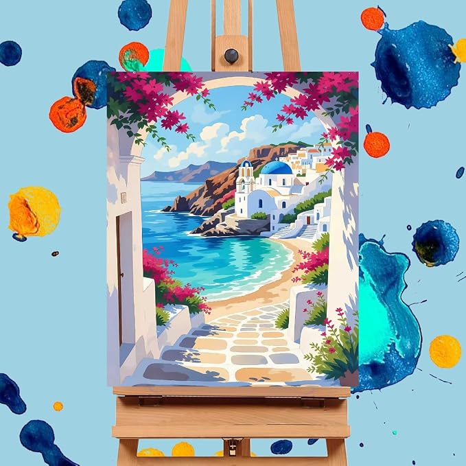 Mrnsiet Paint by Number for Adults Beginners, Easy Seaside Town Paint by Numbers Kits on Canvas, DIY Coastal City Oil Painting Kits Adults' Paint-by-Number Kits for Home Wall Decor 16x20 Inch