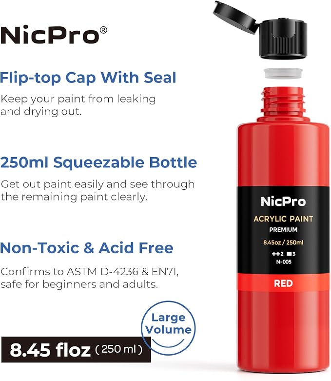 Nicpro 12 Colors Large Bulk Acrylic Paint Set for Artist (8.45 oz, 250 ml) | Rich Art Painting Supplies, Non Toxic for Multi Surface Craft Rock Canvas Wood Ceramic Leather Fabric, for Adult Beginners