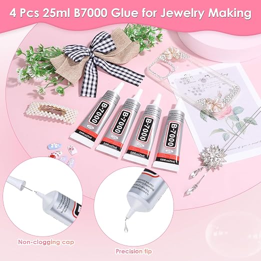 B-7000 Jewelry Glue Clear, 4 PCS 25ML Rhinestone Adhesive with Precision Tip for Paper Crafts, Card Making, Jewelry Stone, Metal, Nail Art, All Purpose