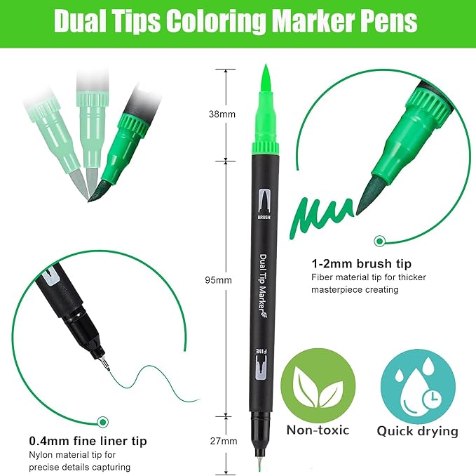 Green Double Tip Brush Pens Art Markers,24 Colored Artist Fine Brush Pen Coloring Markers for Adult Drawing Art Craft Kit