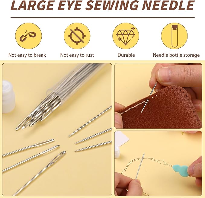 24 PCS Large Eye Sewing Needles, 3 Size Leather Embroidery Sharp Needle | Sewing Needles Stainless Steel Yarn Knitting Needle for Handsewing, Crafts, Repair, Quilting Thread