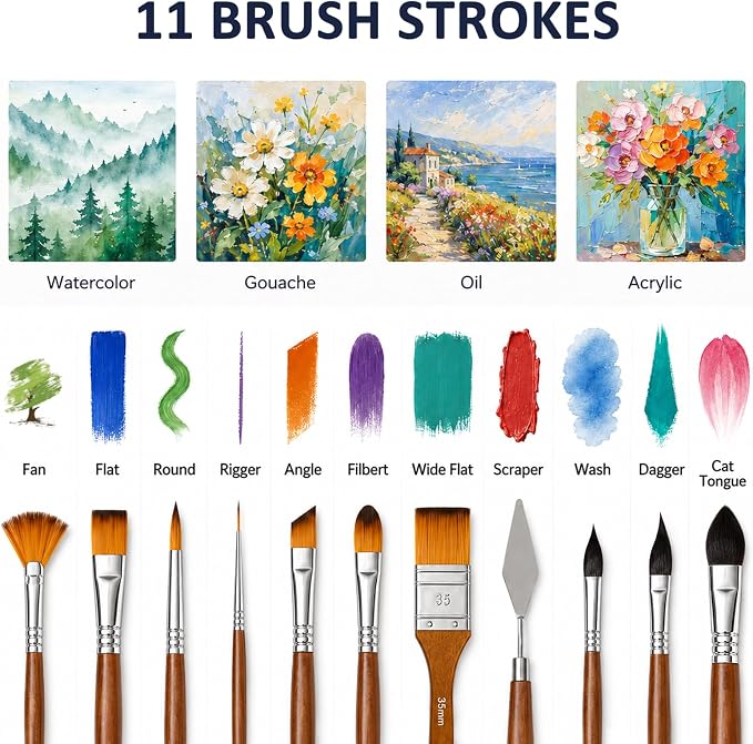 DJAR 25 Pcs Multi-Shape Nylon Paint Brush Set with Cloth Roll Bag