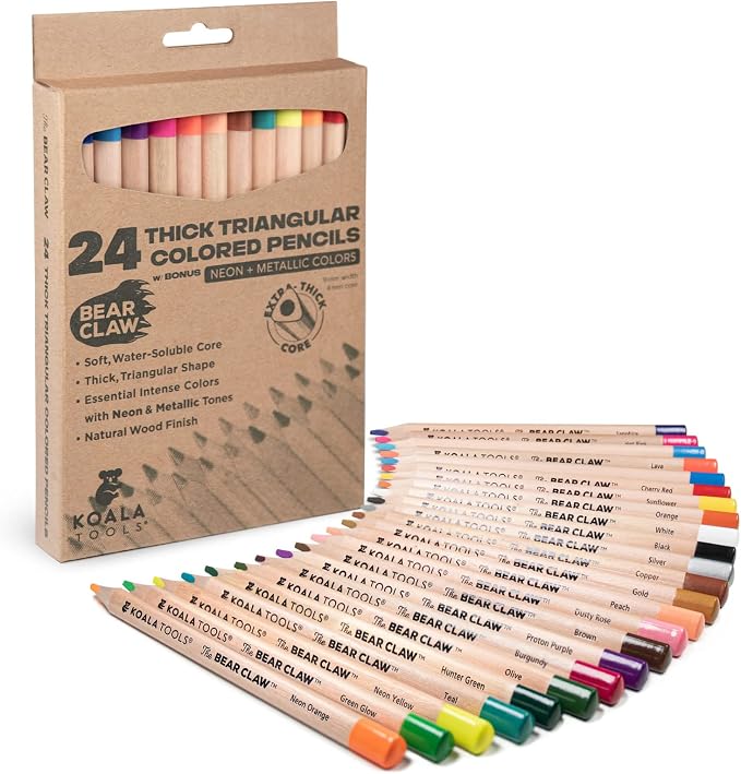 KOALA TOOLS - Bear Claw Colored Pencils for Adults and Kids, Water Soluble Color Pencils with Triangular Grip for Art and Shading, Includes Neon and Metallic Colors, Pack of 24