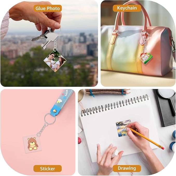 Acrylic Keychain Blanks Set Including 20Pcs Square Clear Acrylic Blanks with Hole 20 Key Chain Rings and 20 Open Jump Rings Clear Ornament Blanks for Keychains DIY Craft Jewelry Labels Gifts Packaging