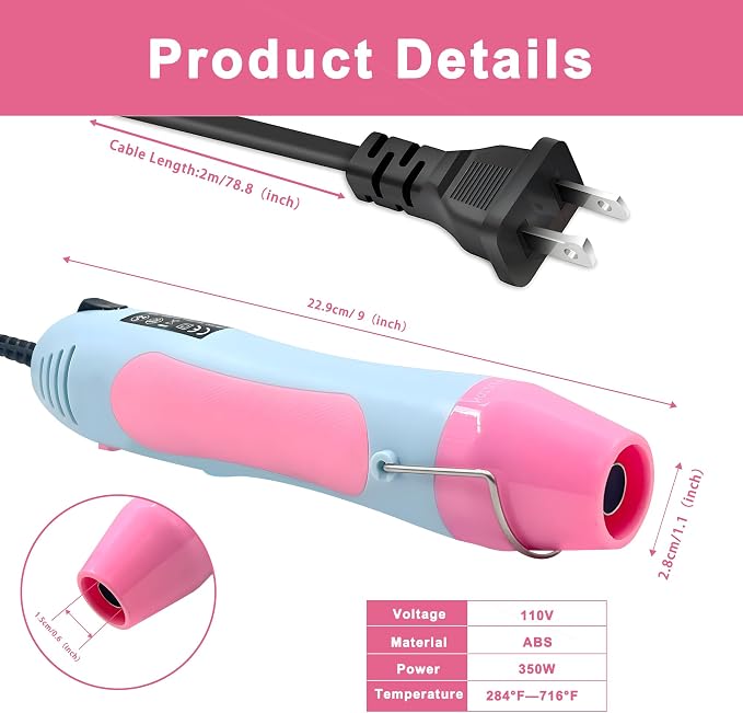 Heat Gun, 350W Mini Heat Gun with Reflector Nozzle Dual Temperature Settings Fast Heat Hot Air Gun Tool for Crafting, Heat Gun for Craft Dryer, 6.56Ft Overload Protection for Drying Paint