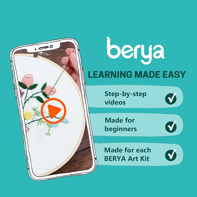 BERYA Flowers Embroidery Kit Including Video Step by Step Instructions Embroidery Hoop,Color Threads and Embroidery Scissors for Beginners-Handmade Needlepoint Kits for Adults