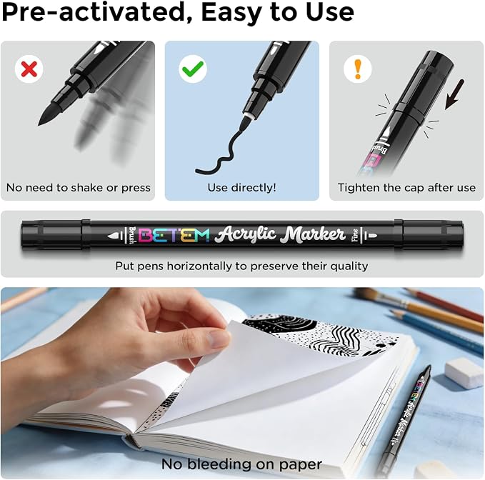 Betem 2 Black Paint Markers for Glass, Dual Tip Acrylic Paint Pens | Window, Fabric, Wood, Rock, Canvas, Acrylic Markers with Fine & Brush Tip, Art & Craft Supplies, Wine Glass Markers