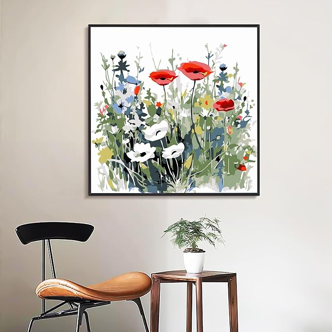 Yezavesu Flower Framed Paint by Numbers Kit for Adults Beginner & Kids Ages 8-12, Wildflowers Paint by Number Without Easel, DIY Adult Paint by Numbers Flowers for Home Wall Decor Gift 10x 10 inch | With Frame Canvas 10x10 IN, Without Easel, DIY Acryli...